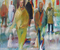 Langer Donnerstag 3, Menschenmassen in der Fußgängerzone, gemalt mit Ölfarben